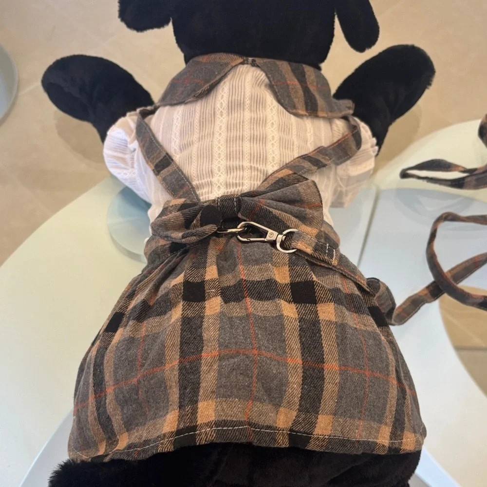 Plaid Dog Dress with Leash - Black Brown & Cream aAnd Harness 🩷 Brand New